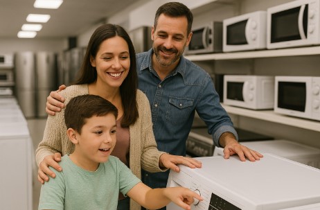 Familia comprando electrodomésticos para el hogar